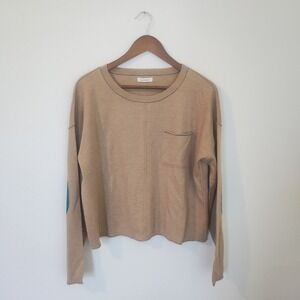 Sundance Sweater Women's Tan Camel Wool Alpaca Blend Elbow Patch Pocket Soft